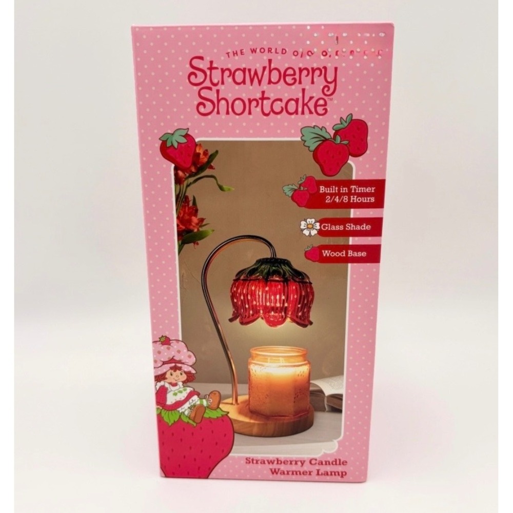 Strawberry Shortcake Candle Warmer Lamp Red Glass Shade Wood Base Timer NEW